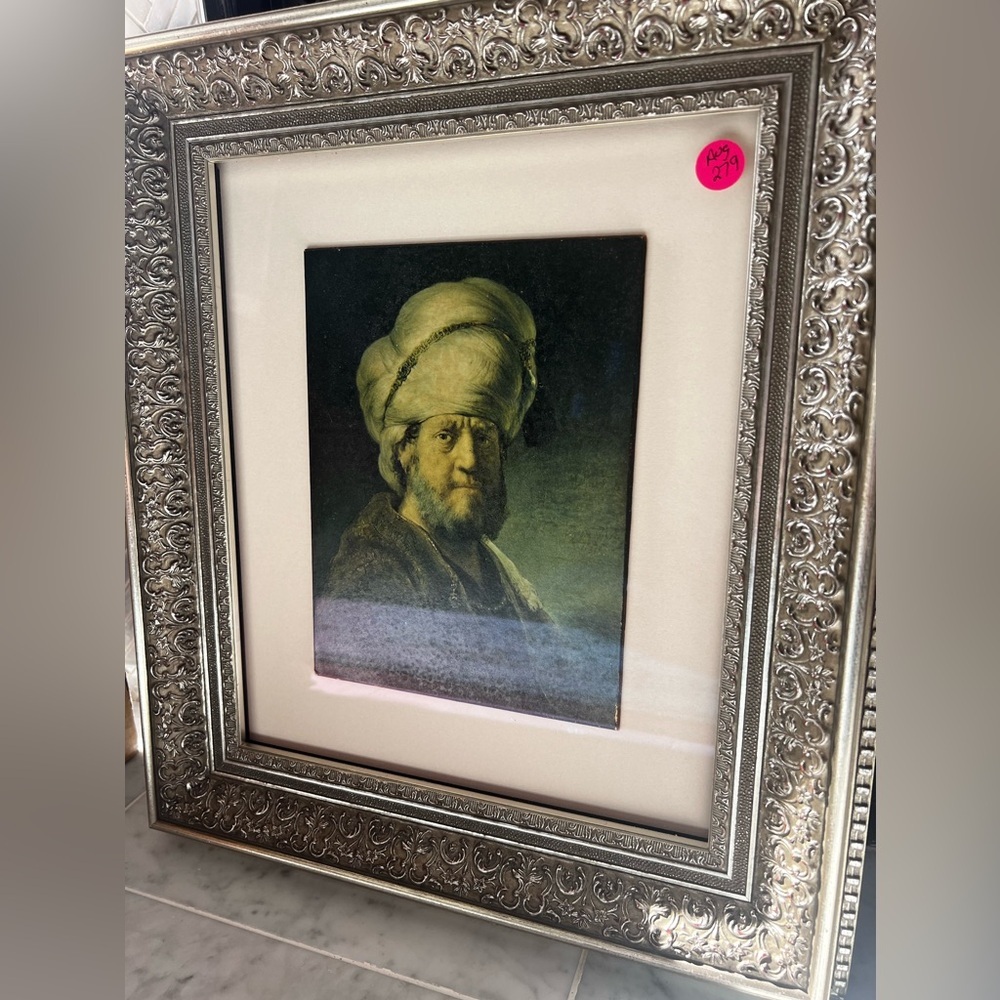 ✨ Rembrandt "Man in Oriental Dress" Framed Art Silver Leaf Frame Museum Glass